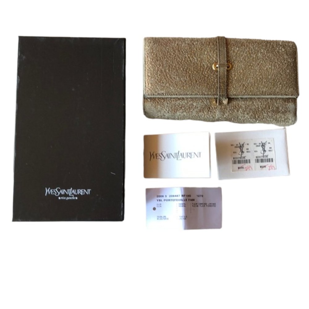 YSL Yves St. Laurent Gold Pebbled Leather Wallet